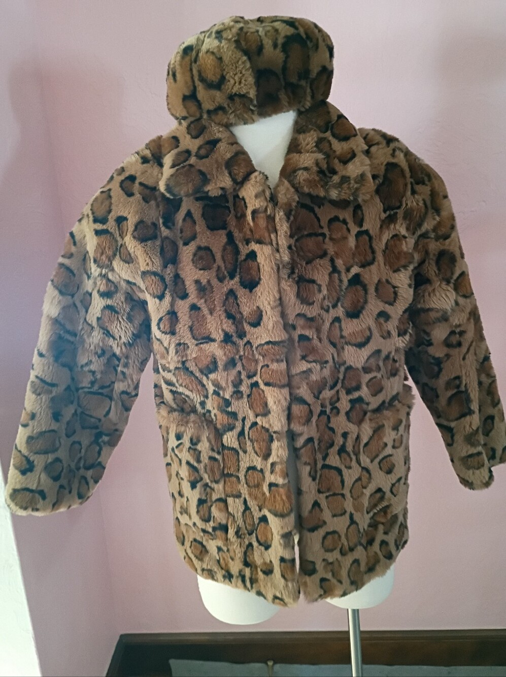 Genuine Leopard Print Rex Rabbit Fur Jacket with Matching Hat Real Fur Size M